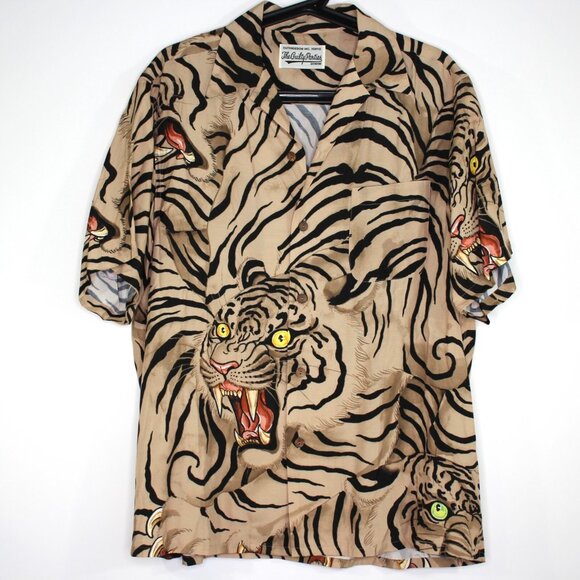 Wacko Maria x Tim Lehi Mens Small Tiger Camp Button Up Hawaiian Shirt RARE A1613 - Picture 1 of 8
